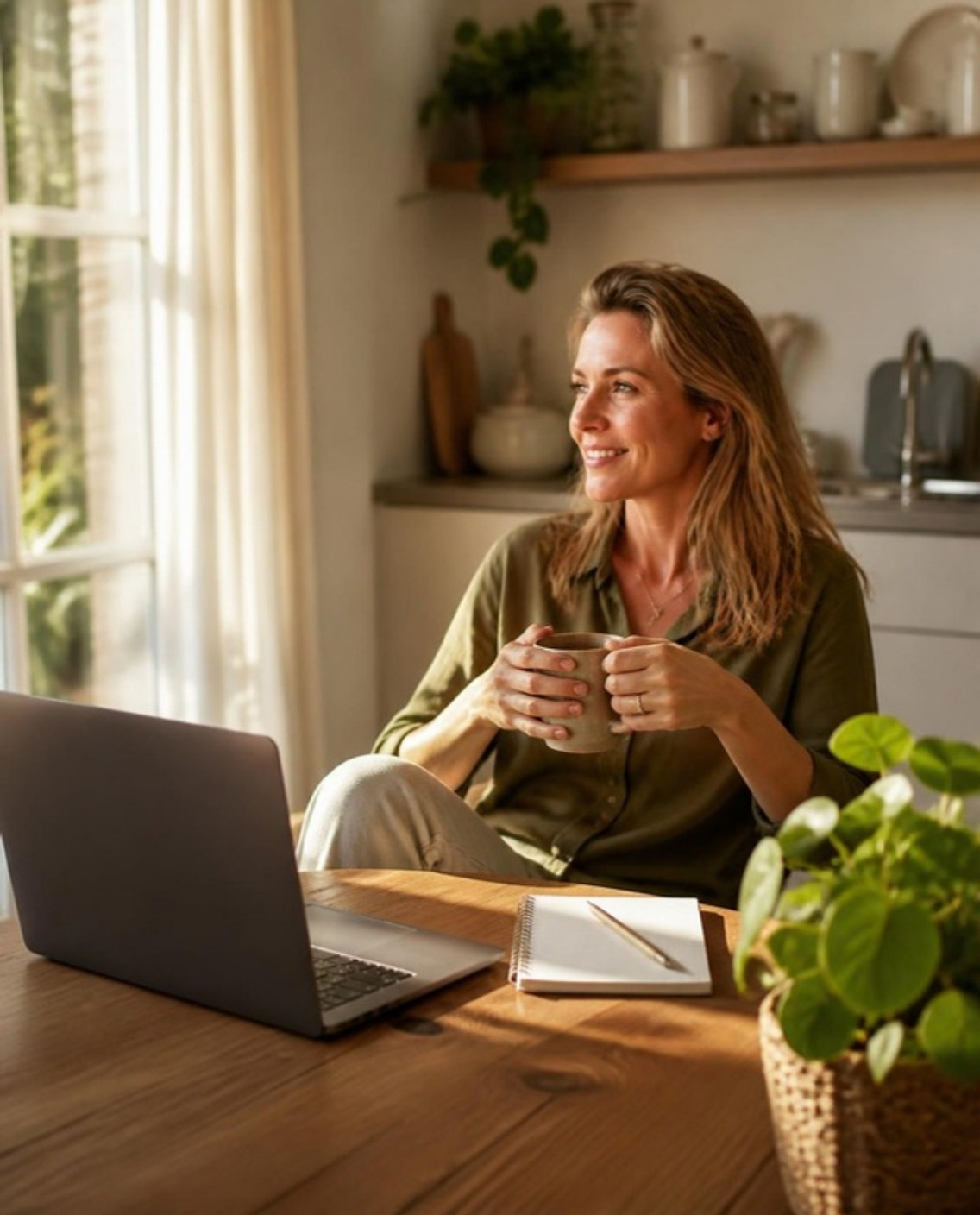 Ontspannen ondernemende moeder met koffie aan tafel in de middagzon
