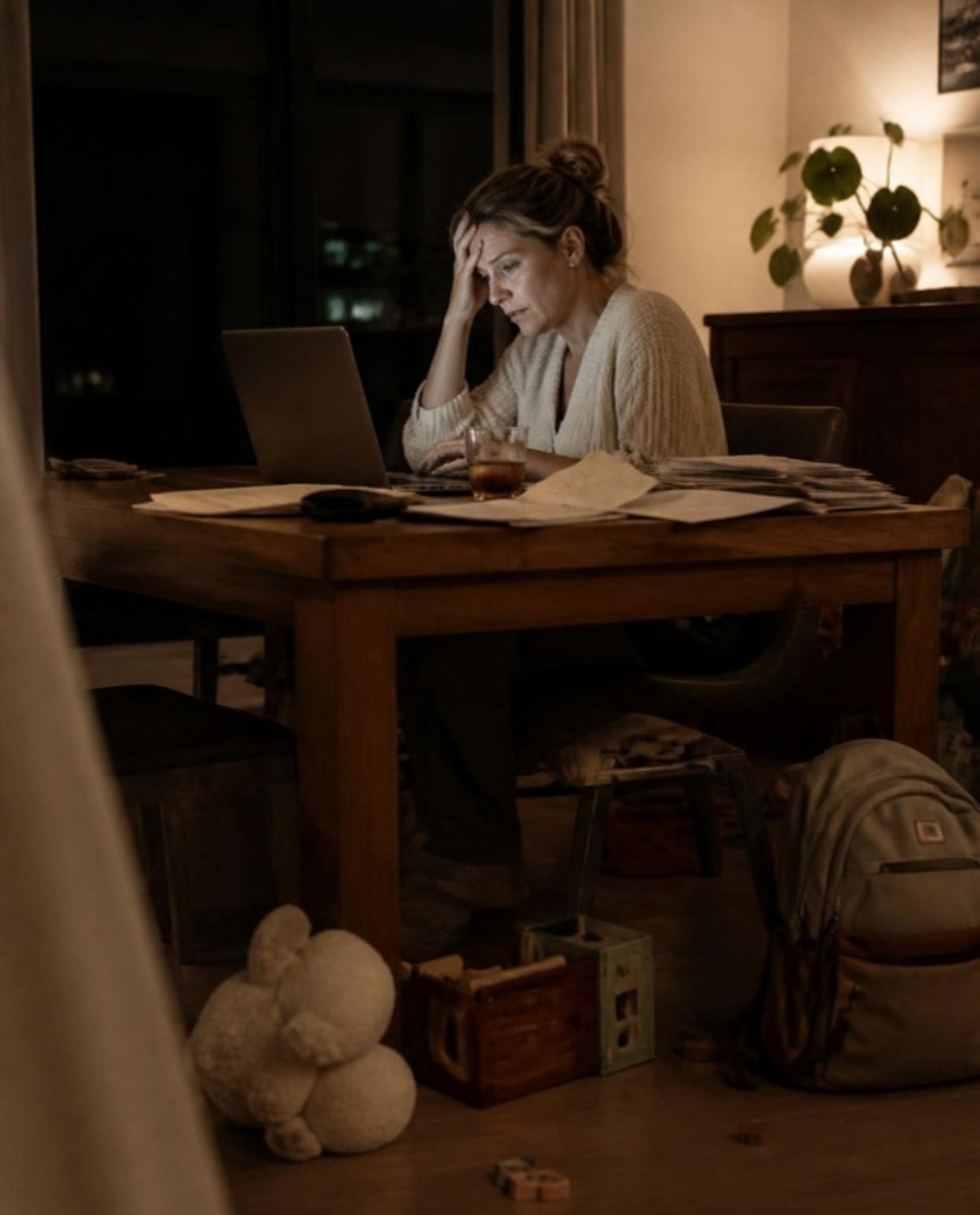 Ondernemende moeder zit 's avonds laat vermoeid achter haar laptop aan de keukentafel