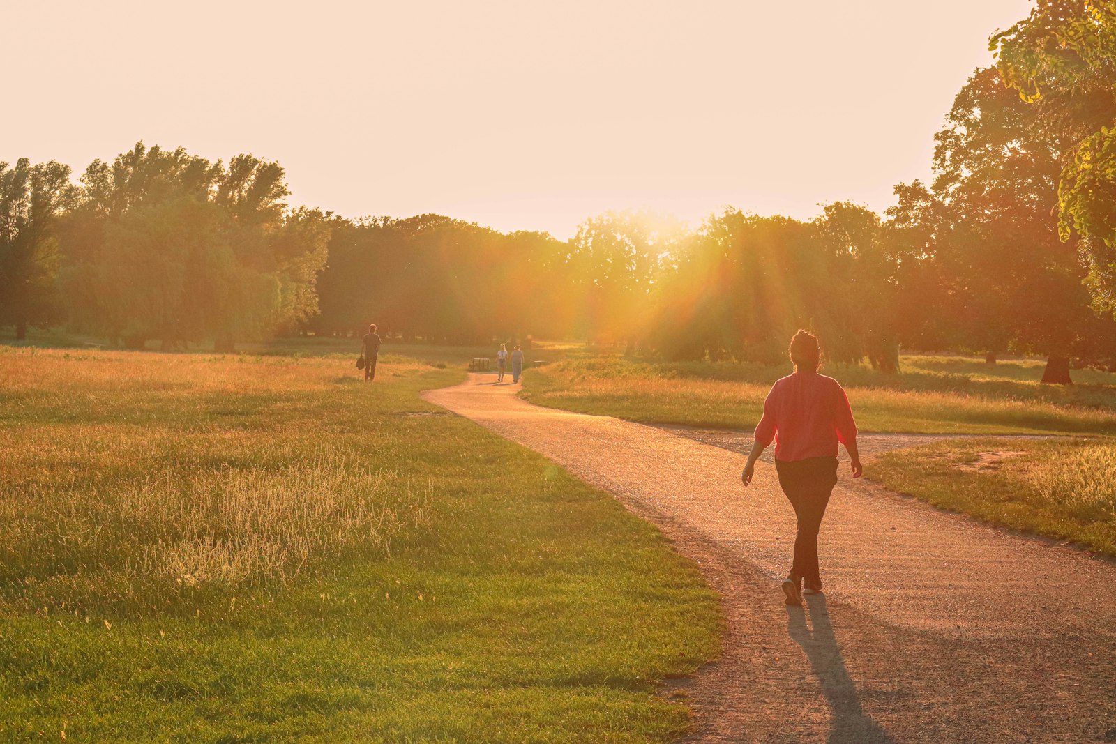 Vrouw loopt in het avondlicht over een pad door het park