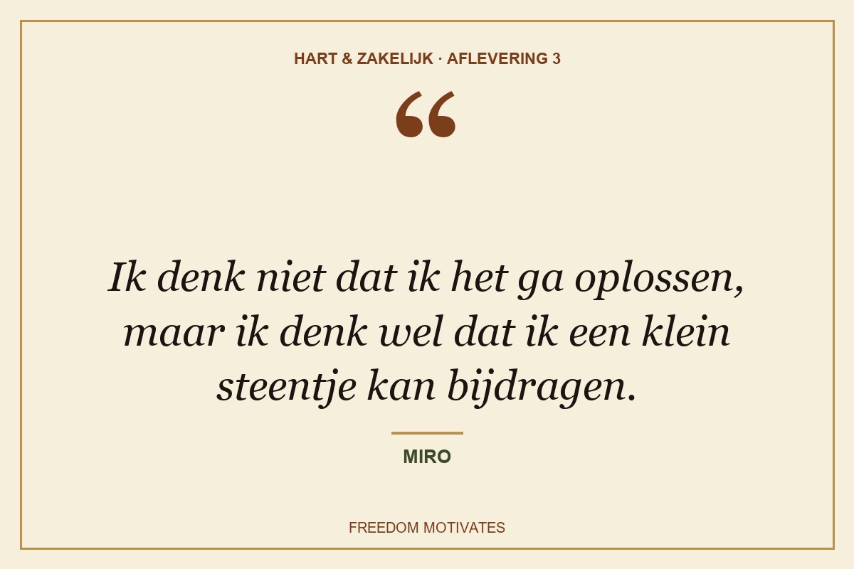 Ik denk niet dat ik het ga oplossen, maar ik denk wel dat ik een klein steentje kan bijdragen. (Miro)